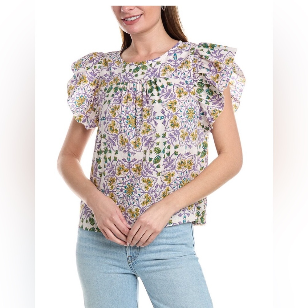NWT Lilia P Flutter Sleeve Seamed Top Floral Women’s Sz M‎ Cottagecore Farm Boho